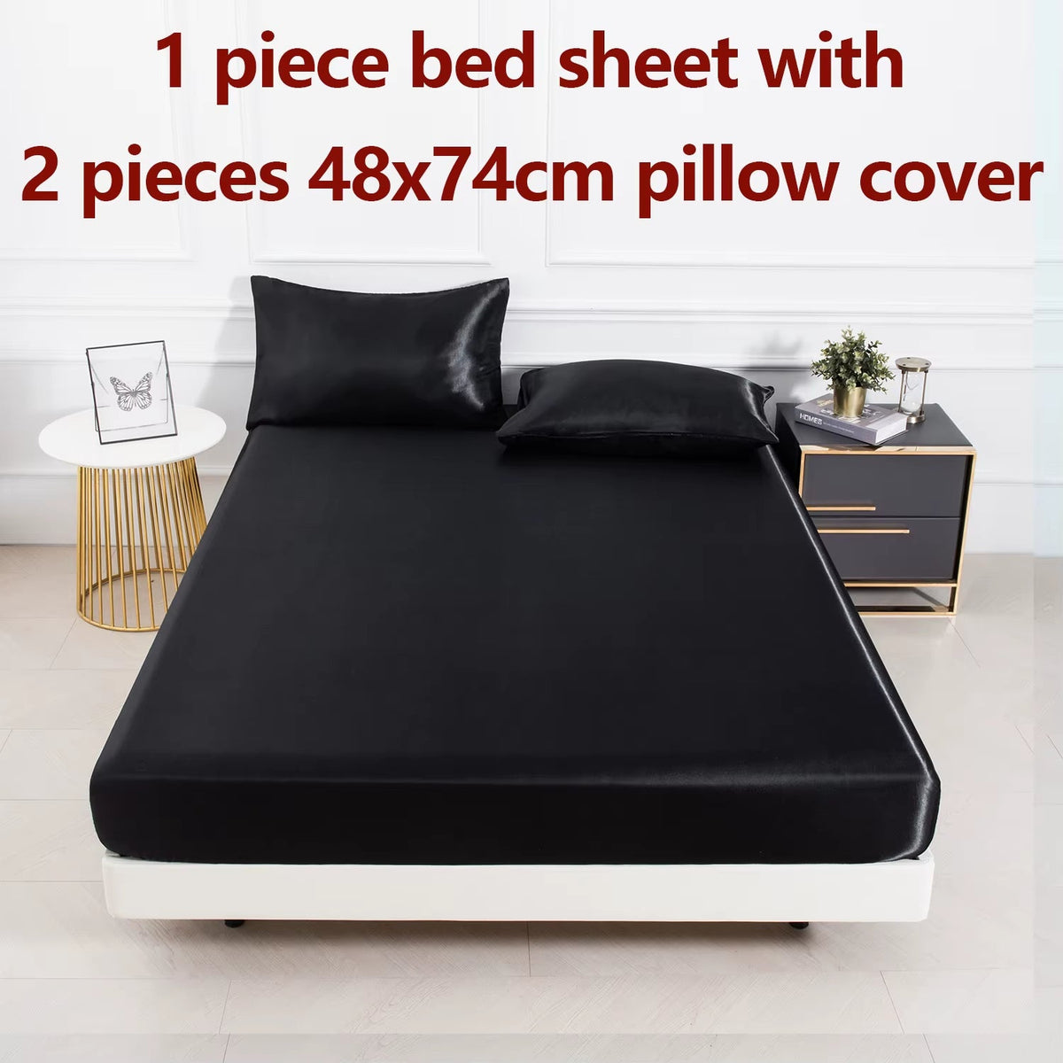 Luxe Satin Fitted Sheet Set - Black