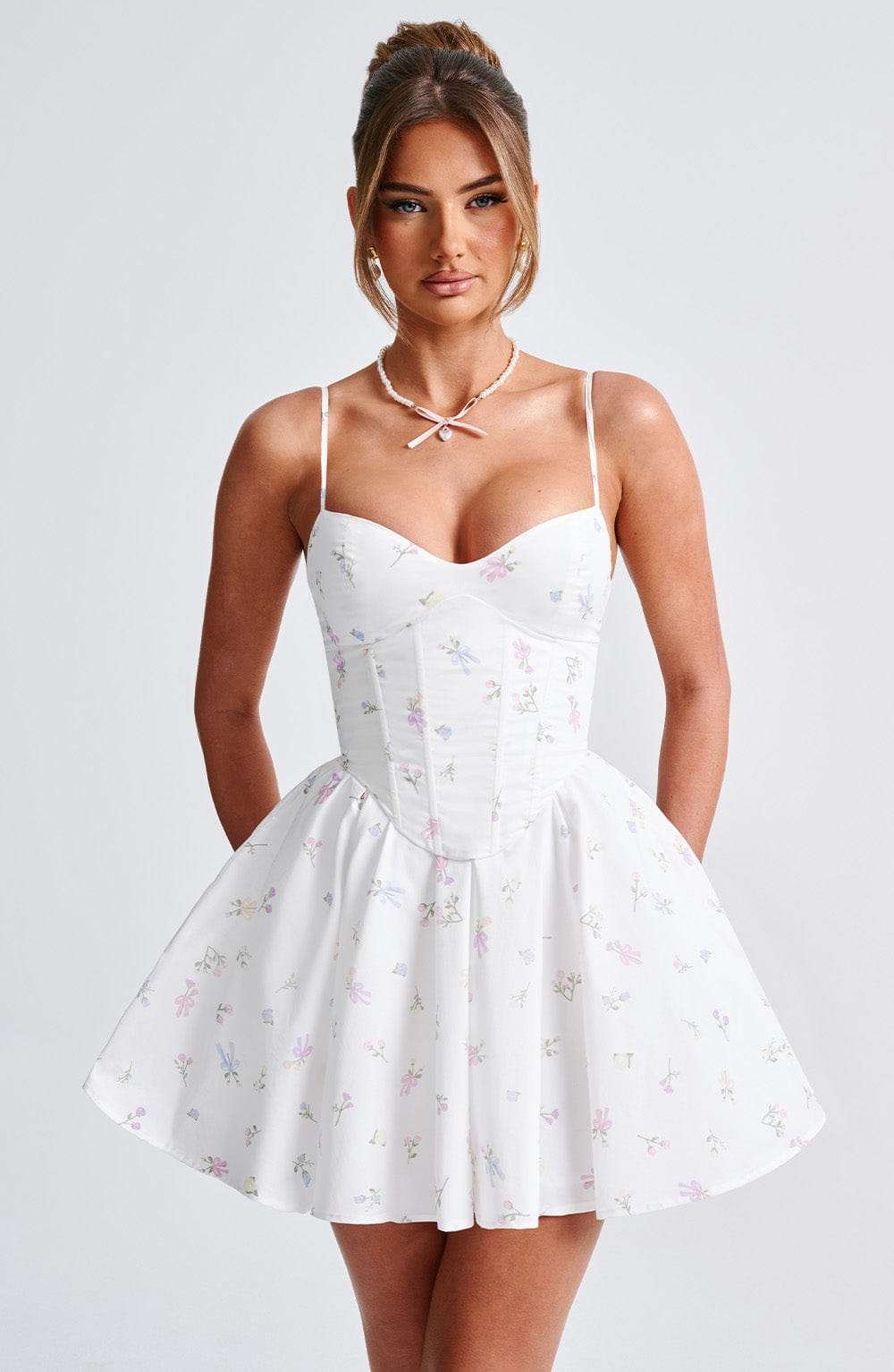 Analeigh Mini Dress - White Multi Floral Print Ryvelle