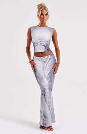 Charmayne Maxi Skirt - Grey Body Print Ryvelle