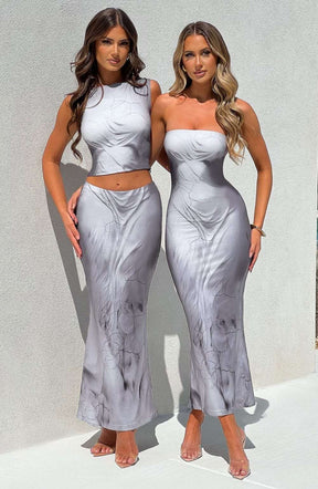 Charmayne Maxi Skirt - Grey Body Print Ryvelle