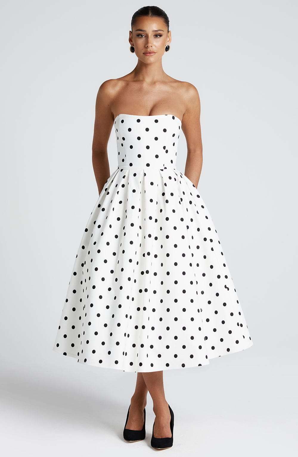 Edith Midi Dress - Black Polka Dot Print Ryvelle