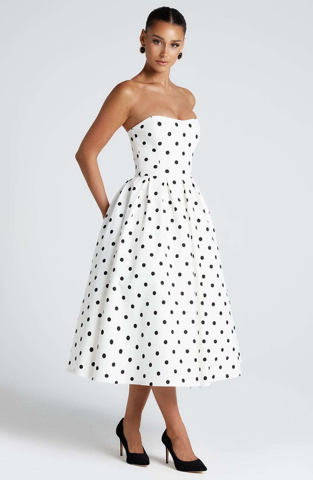 Edith Midi Dress - Black Polka Dot Print Ryvelle