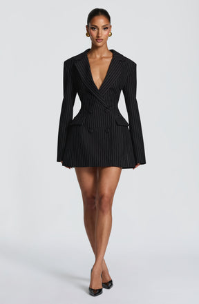 Elvira Mini Dress - Black Pinstripe Ryvelle