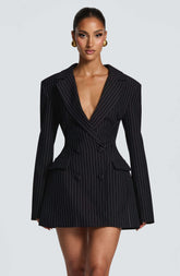 Elvira Mini Dress - Black Pinstripe Ryvelle