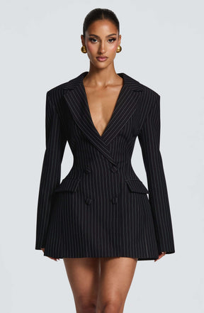 Elvira Mini Dress - Black Pinstripe Ryvelle
