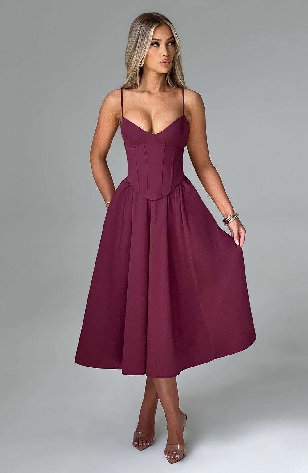 Mariella Midi Dress - Cherry Lacquer Ryvelle