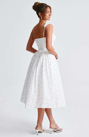 Marlena Midi Dress - White Multi Floral Print Ryvelle