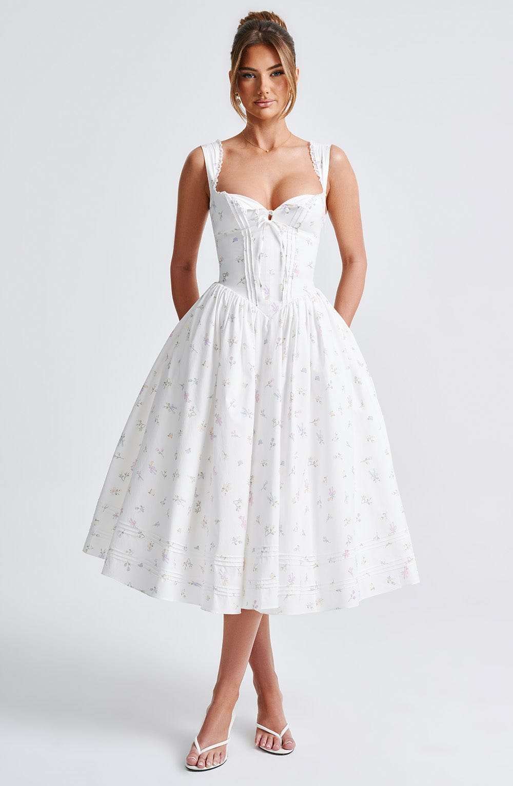 Marlena Midi Dress - White Multi Floral Print Ryvelle