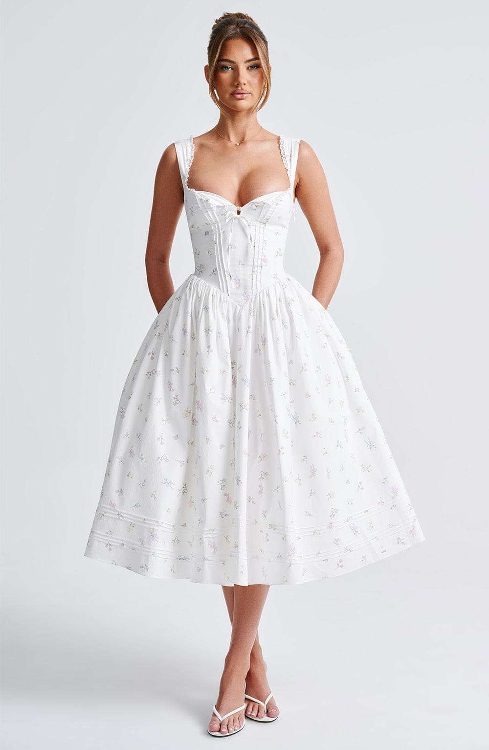 Marlena Midi Dress - White Multi Floral Print Ryvelle