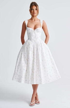 Marlena Midi Dress - White Multi Floral Print Ryvelle