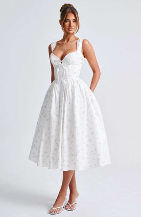 Marlena Midi Dress - White Multi Floral Print Ryvelle