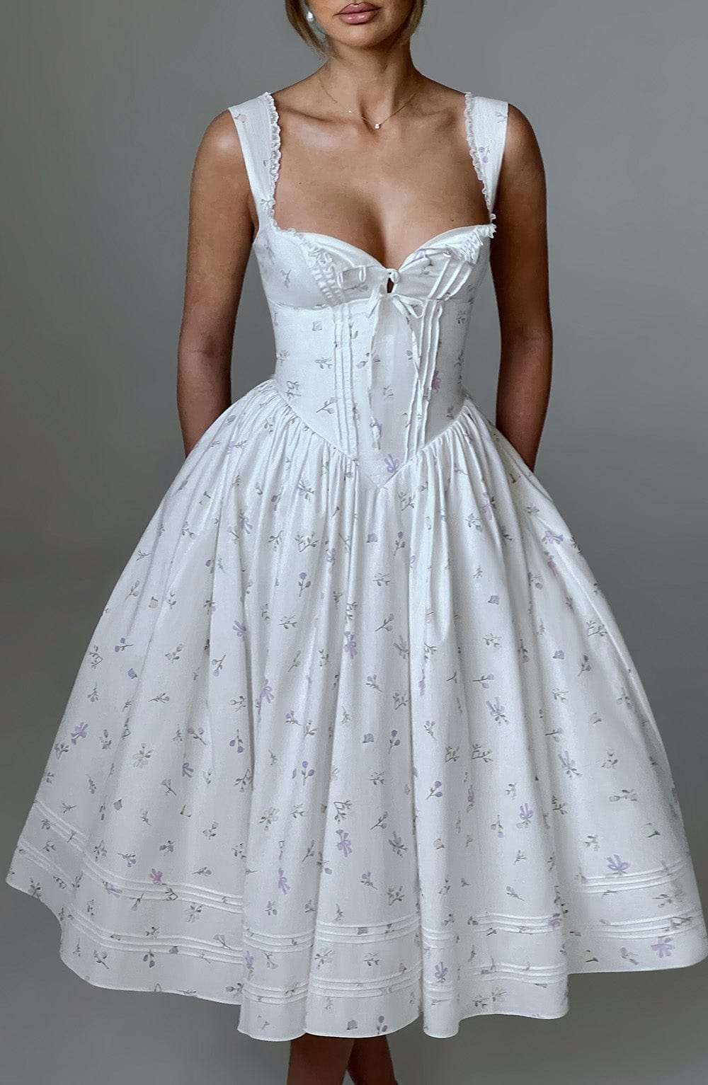 Marlena Midi Dress - White Multi Floral Print Ryvelle