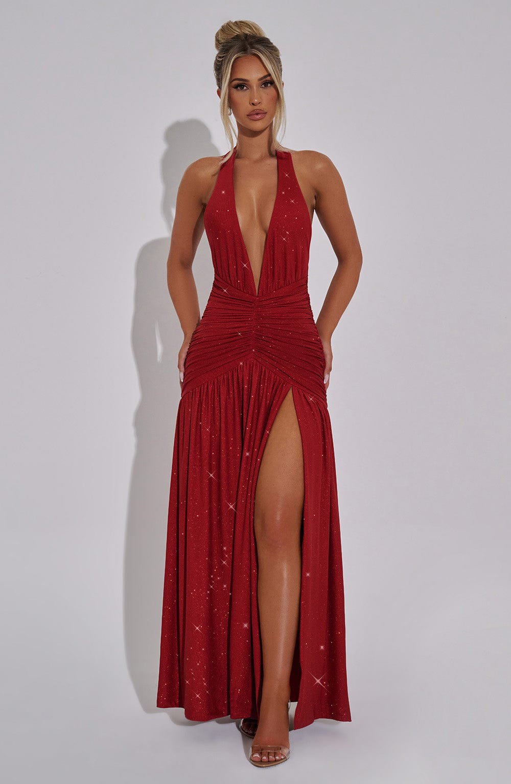 Melania Maxi-Kleid – Rote Glitzer