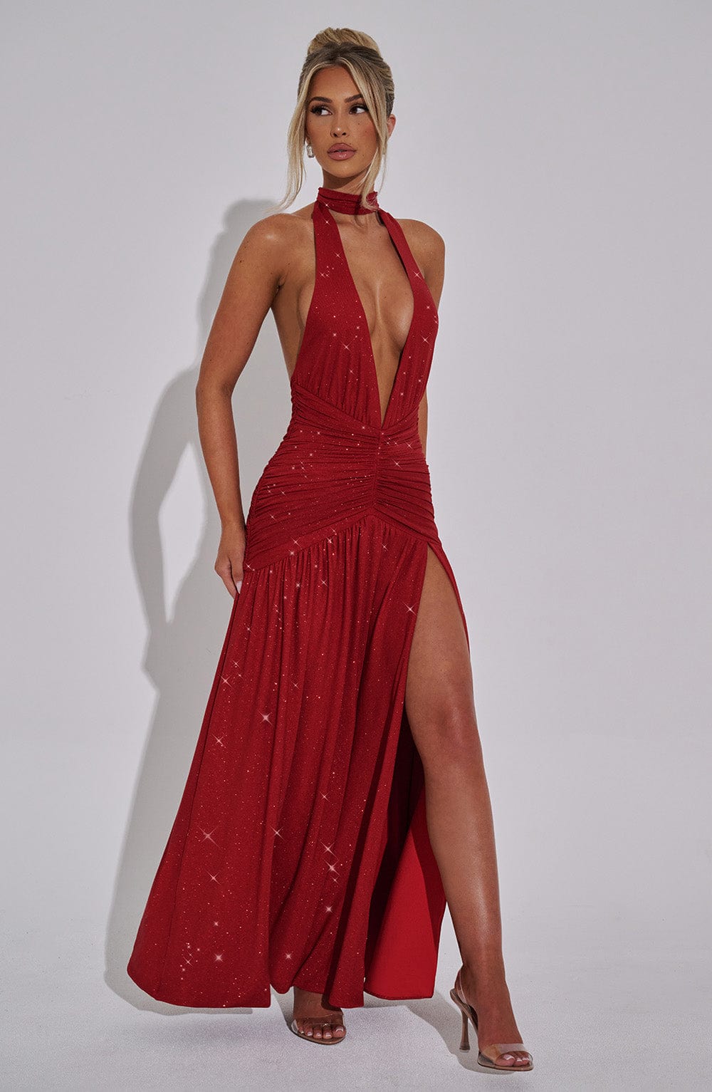 Melania Maxi-Kleid – Rote Glitzer