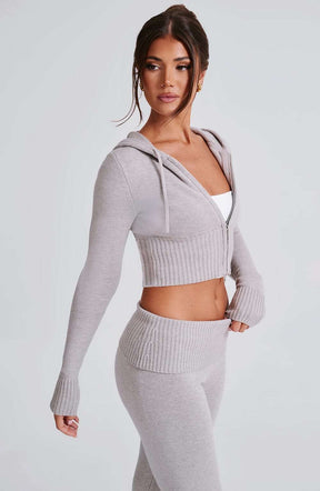 Portia Knit Hoodie - Light Grey Marl Ryvelle